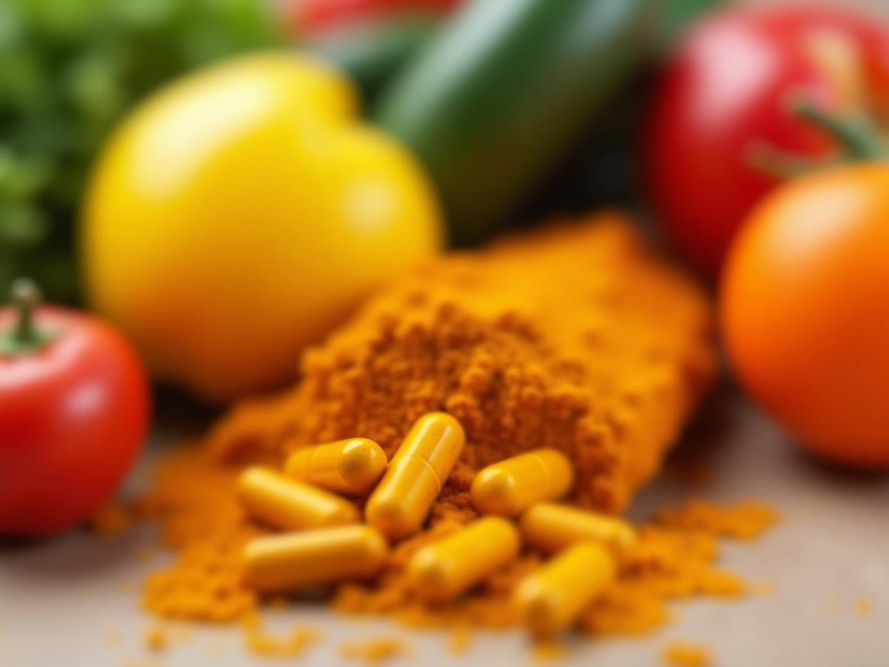 Close-up shot of colorful fruits and vegetables with curcumin capsules in the background, symbolizing a natural approach to reducing inflammation.