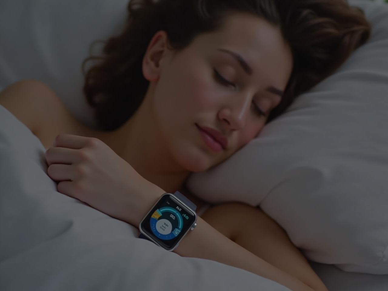 A person sleeping with a smartwatch on their wrist, showing data about sleep patterns.