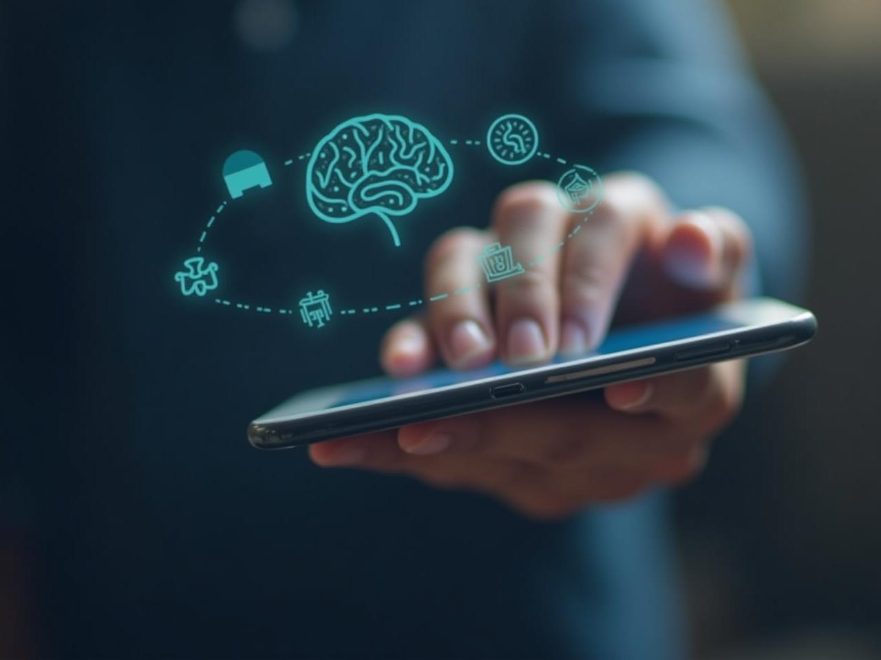 Close-up of a hand typing on a smartphone, with brain-shaped visual elements in the background, symbolizing the apps connection between typing patterns and brain health.