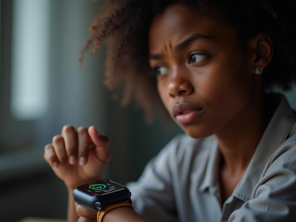 A person looking at a smartwatch that displays health data, with a concerned but hopeful expression.