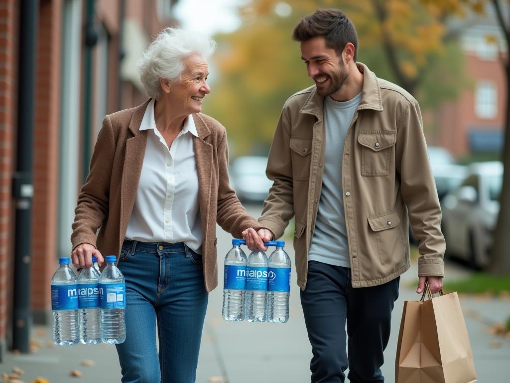 A person in their 70s effortlessly lifting a six-pack of water bottles, contrasting with a younger person struggling to carry groceries.