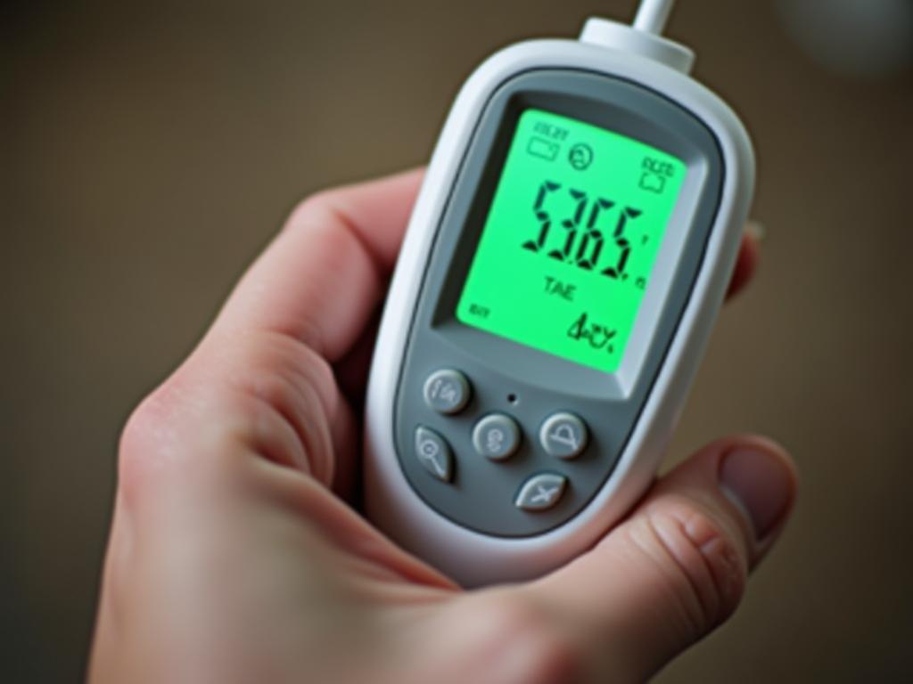 A close-up of a digital thermometer showing a temperature reading, with a persons hand holding it.