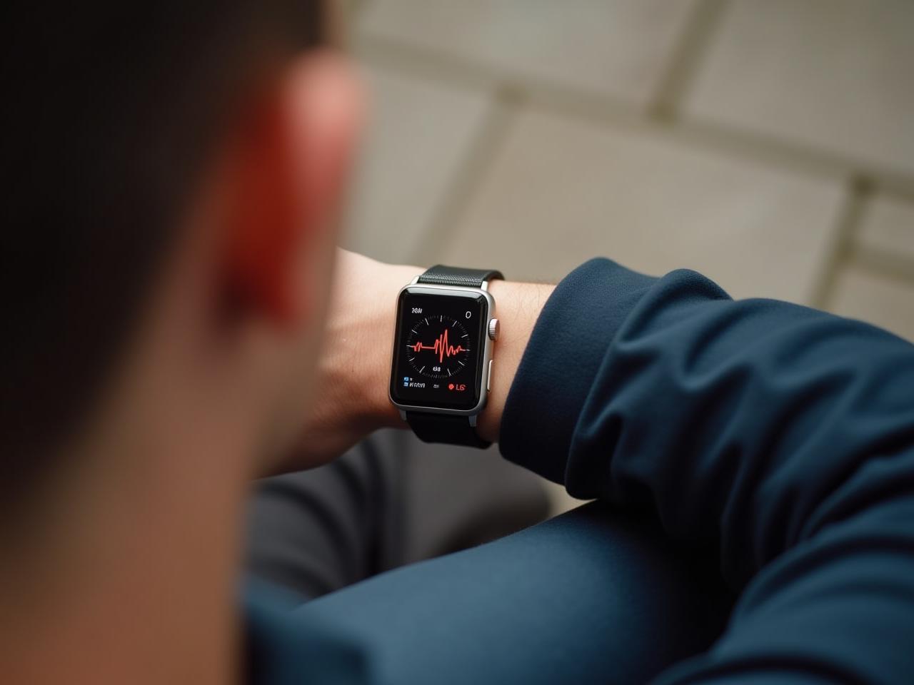 A person wearing a smartwatch, looking at the heart rate graph on the screen.