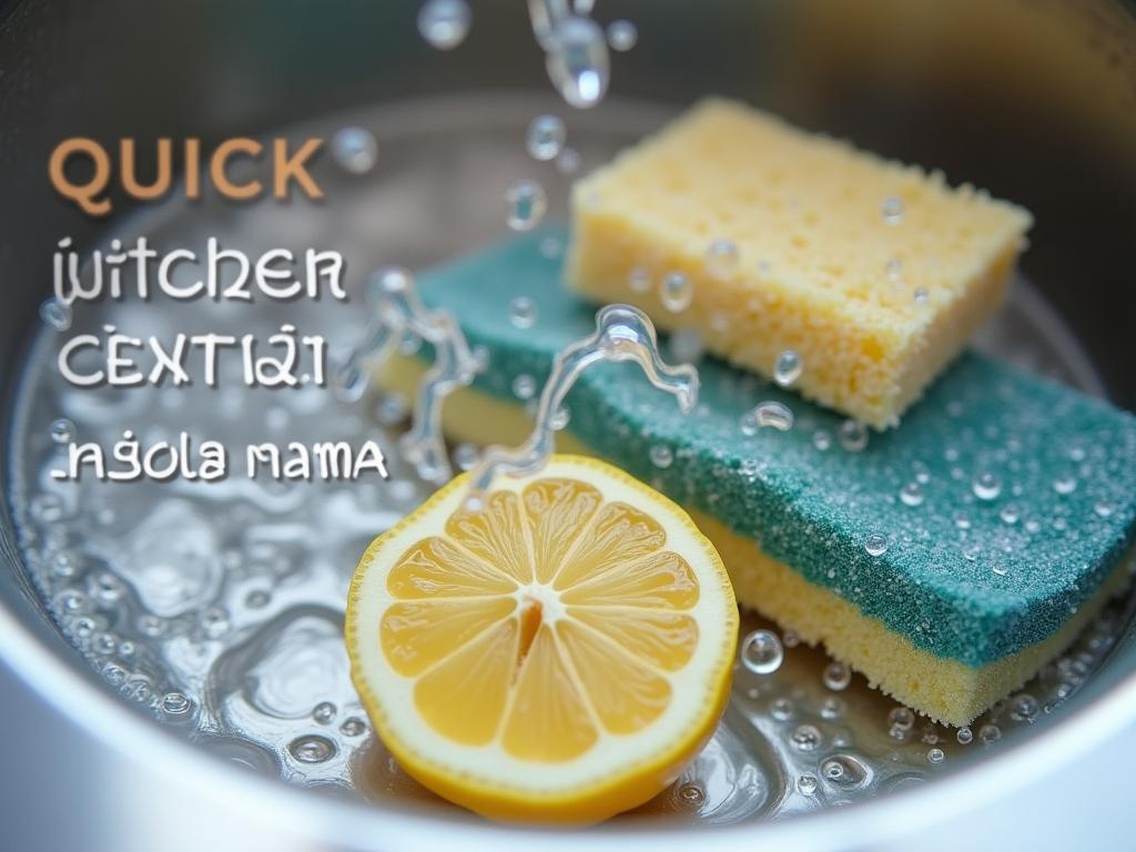 Close-up of a sparkling clean kitchen sink with a lemon half and a sponge, with the text Quick Kitchen Cleaning Tips.