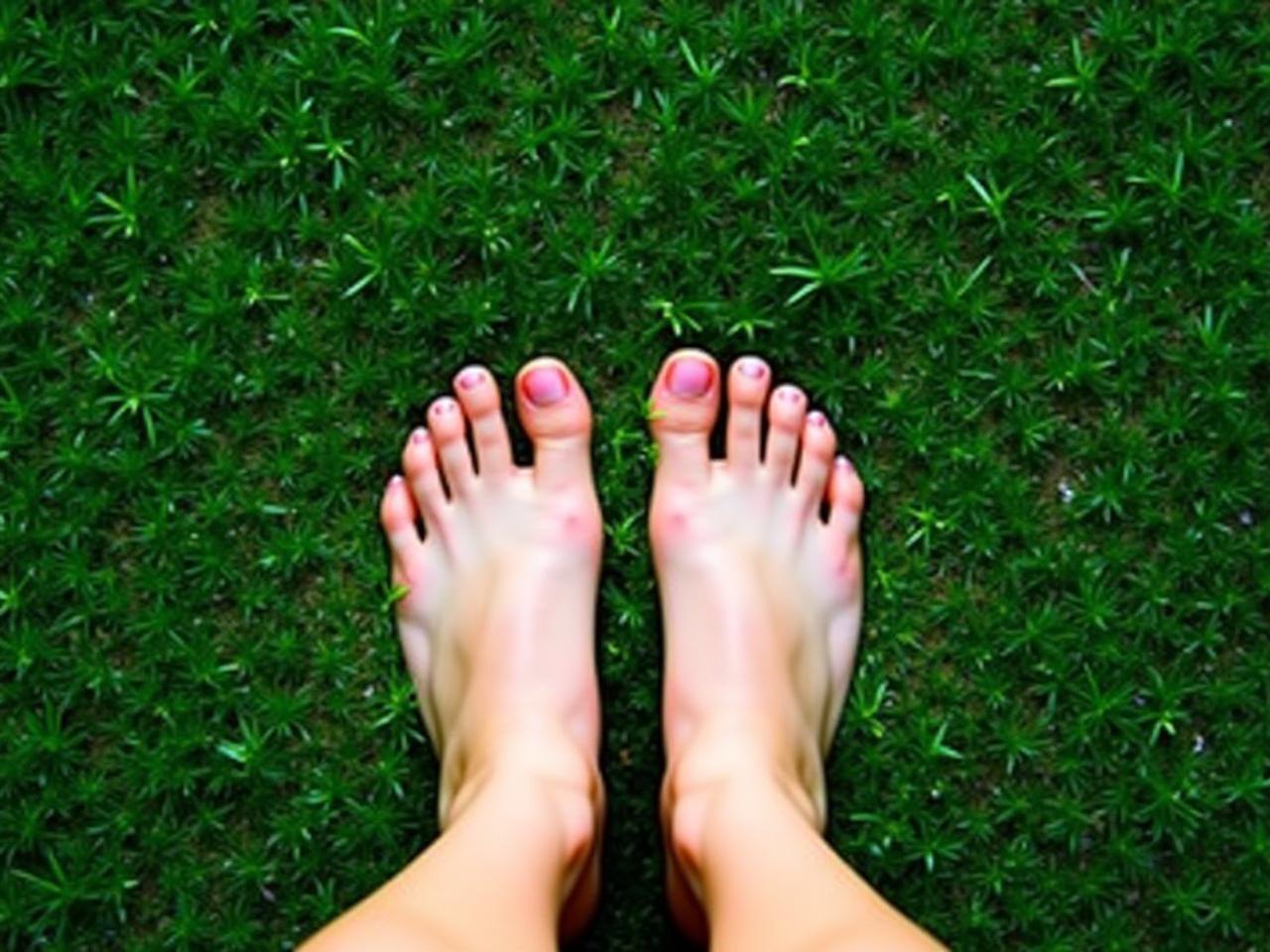 Bare feet standing on green grass, symbolizing grounding and connection to nature.
