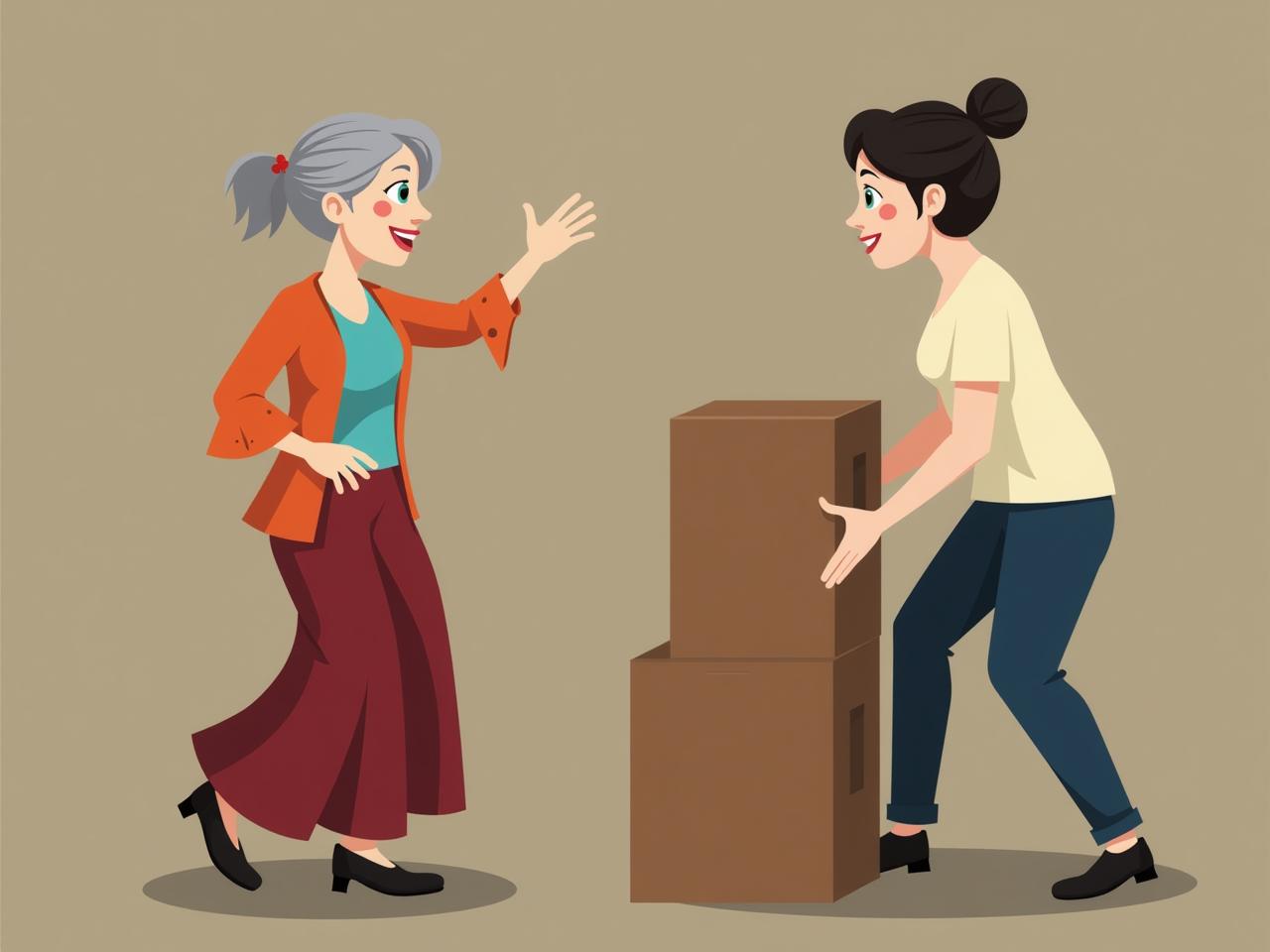 An elderly woman dancing Salsa and a young woman struggling to lift a box, illustrating the importance of rotation for back health.