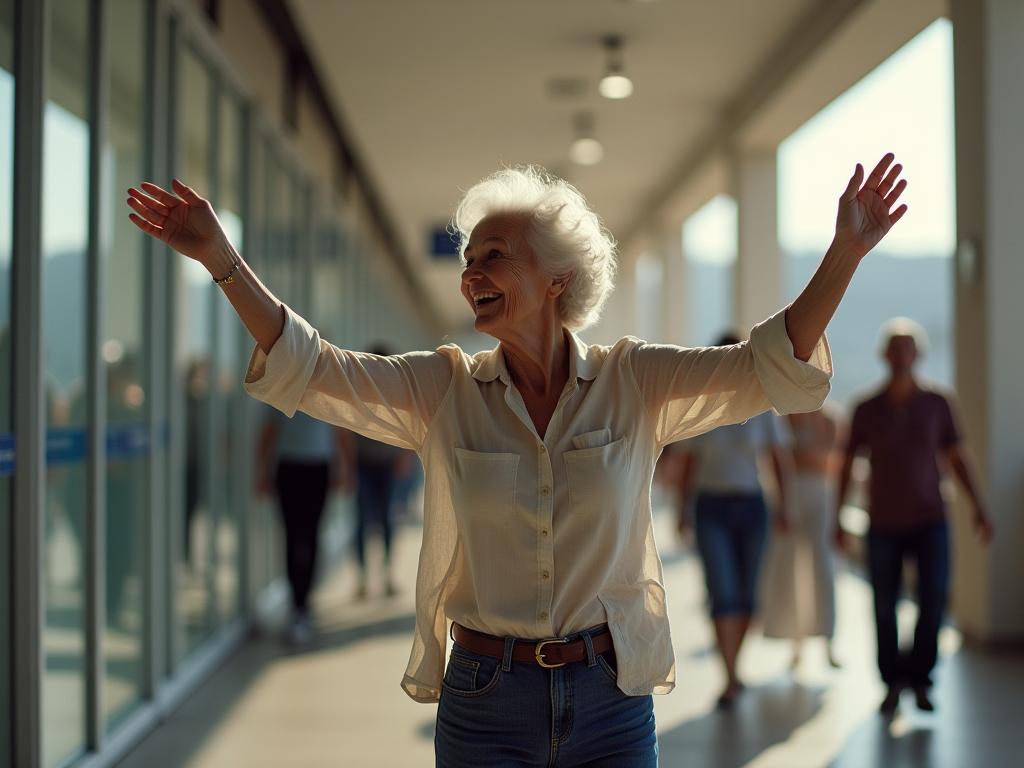 Elderly woman dancing with her shoulders at the post office in Ramat Gan, Israel. Suggestive image of healthy aging and connection to the body.