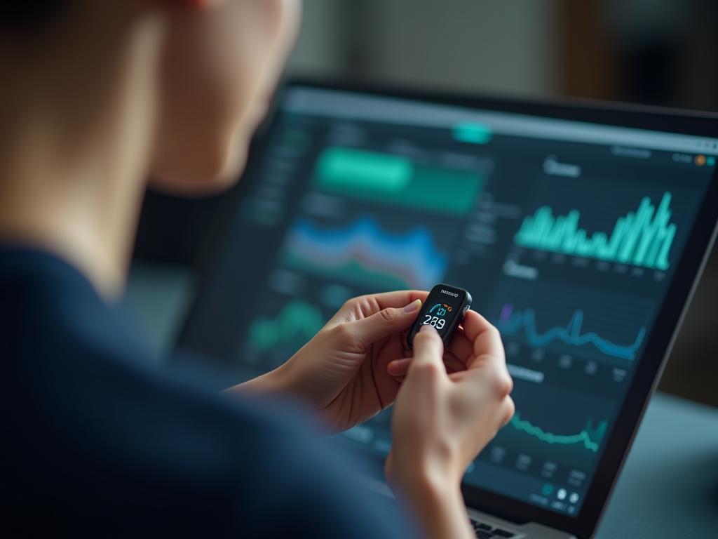 A person wearing a biometric device, monitoring health metrics on a screen.