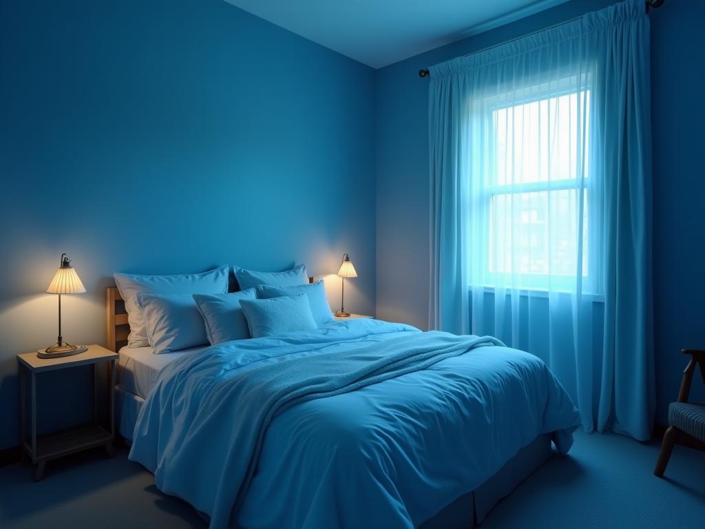 A cozy bedroom with a cool blue tone, suggesting a comfortable temperature for sleep.