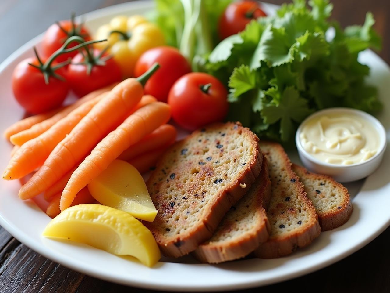 A colorful and healthy plate of food with fresh vegetables, fruits, and healthy fats.