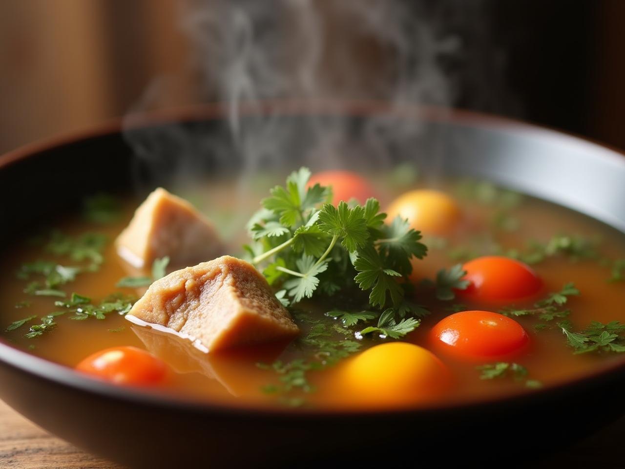 A steaming bowl of bone broth with vegetables, herbs, and bone marrow visible.