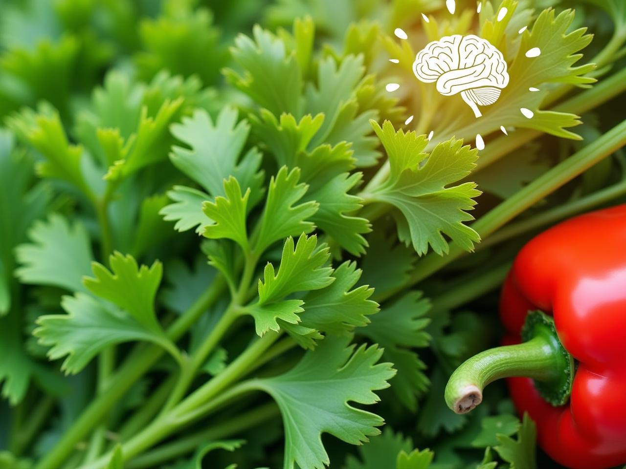 A vibrant image featuring fresh parsley, celery, and green peppers, representing food sources of Luteolin. A brain graphic overlay subtly suggests the cognitive benefits.