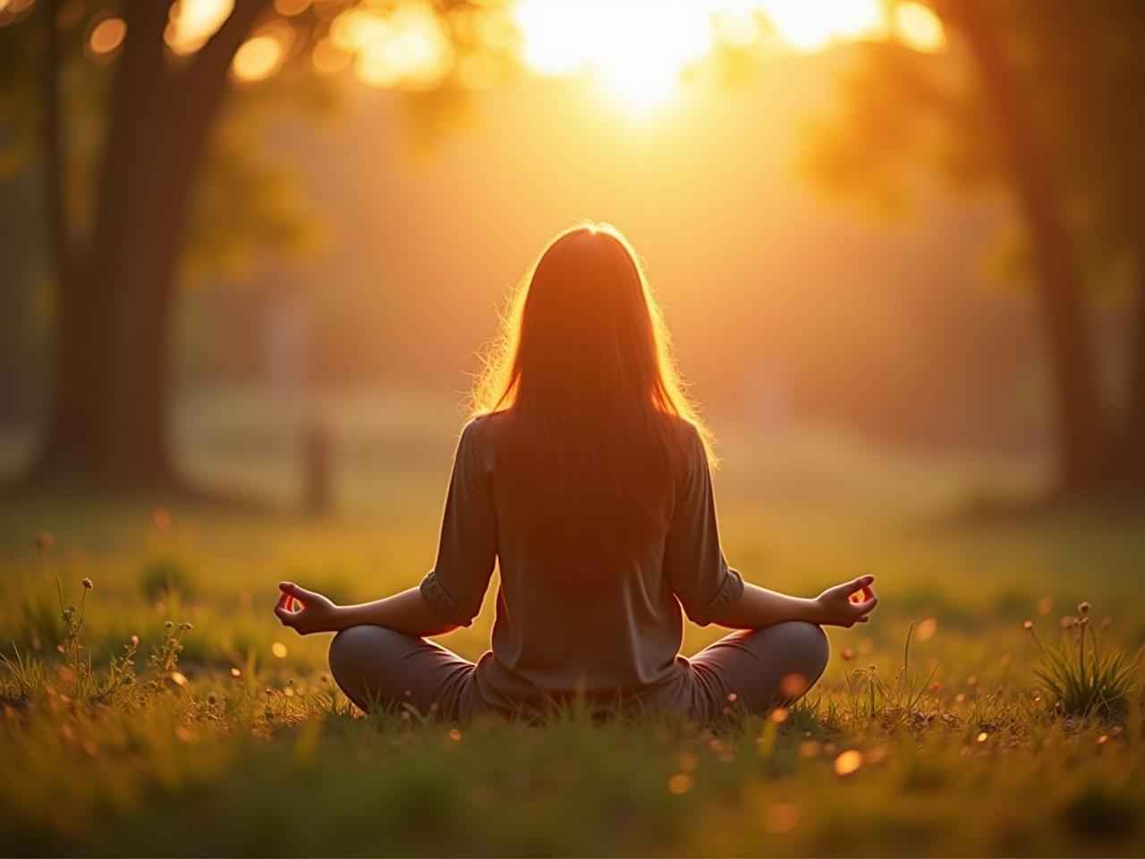 A person meditating in nature, with a warm and calming atmosphere.