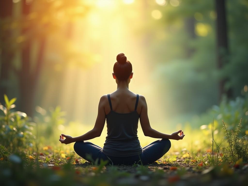 A person meditating in nature, surrounded by calming colors, symbolizing the connection between mind, body, and the immune system.