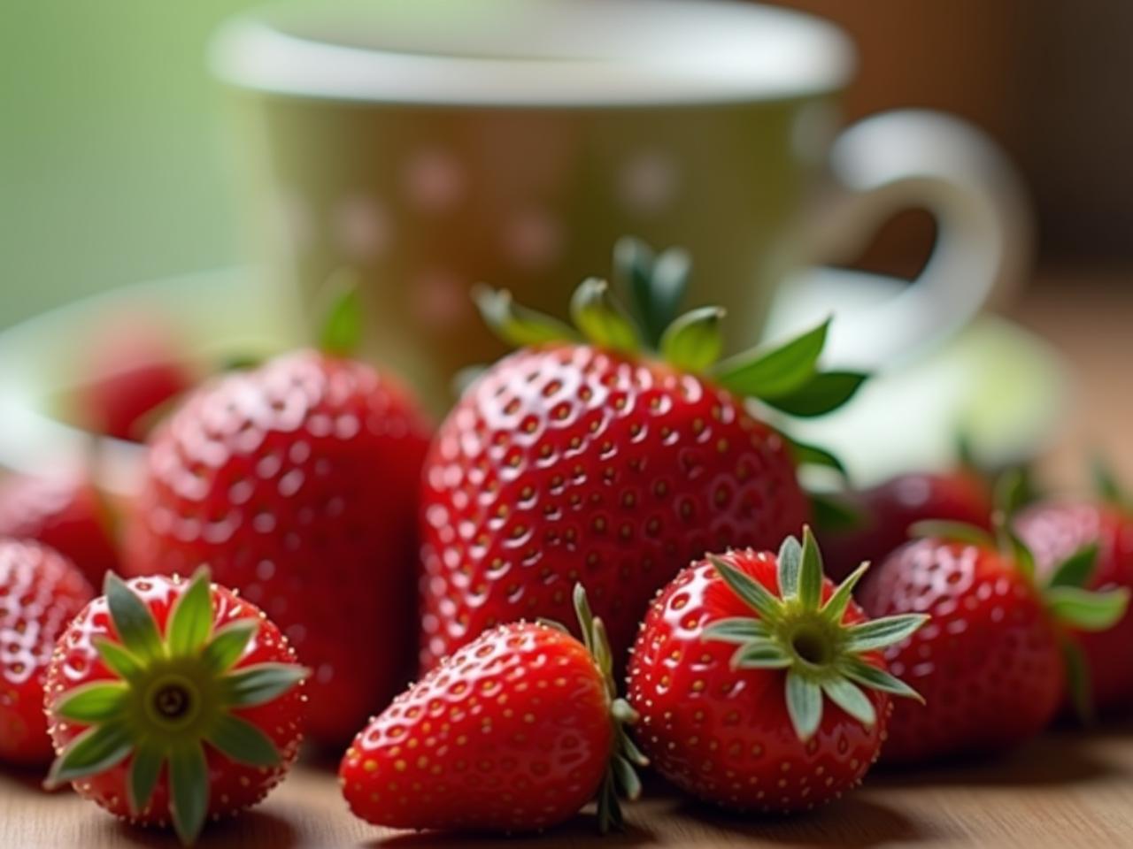 A close-up shot of fresh strawberries with a cup of green tea in the background, symbolizing the natural sources of Serin and the concept of autophagy.