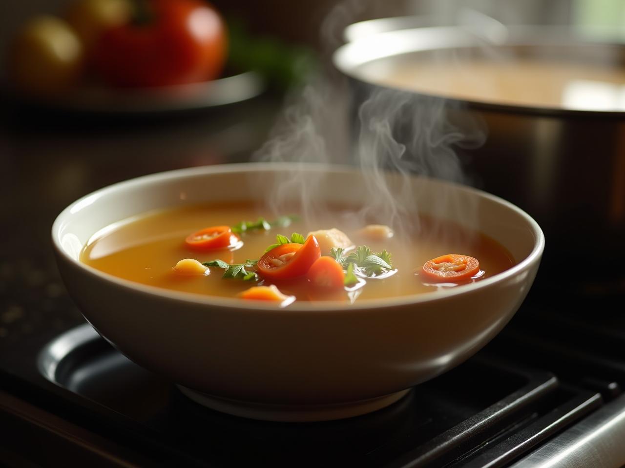 A steaming bowl of bone broth with vegetables, placed next to a simmering pot on a stove. The image conveys warmth, health, and traditional cooking.