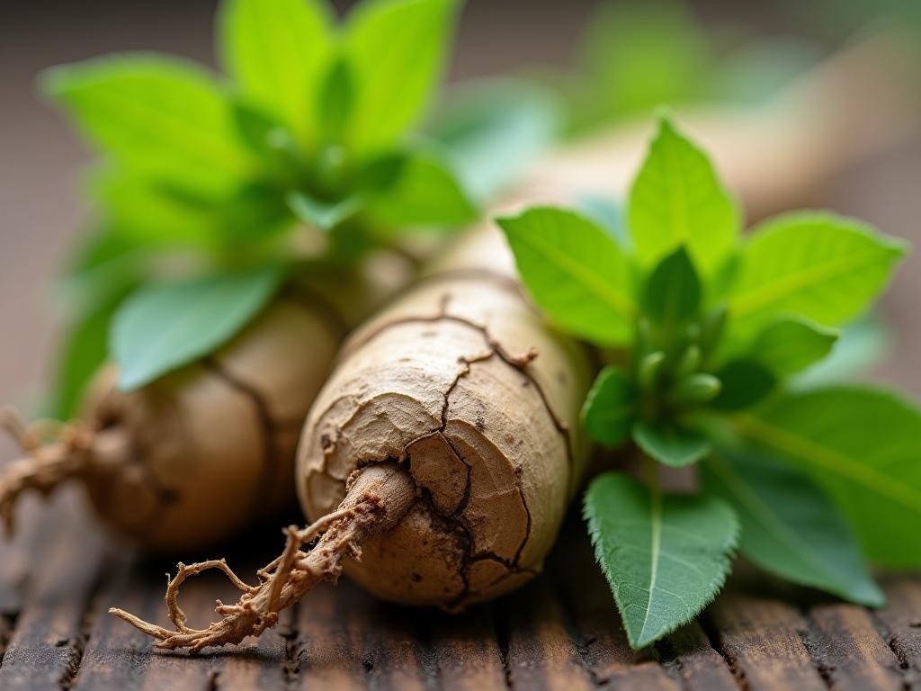 A close-up shot of Valerian root with green leaves, evoking a sense of natural remedy and calmness.