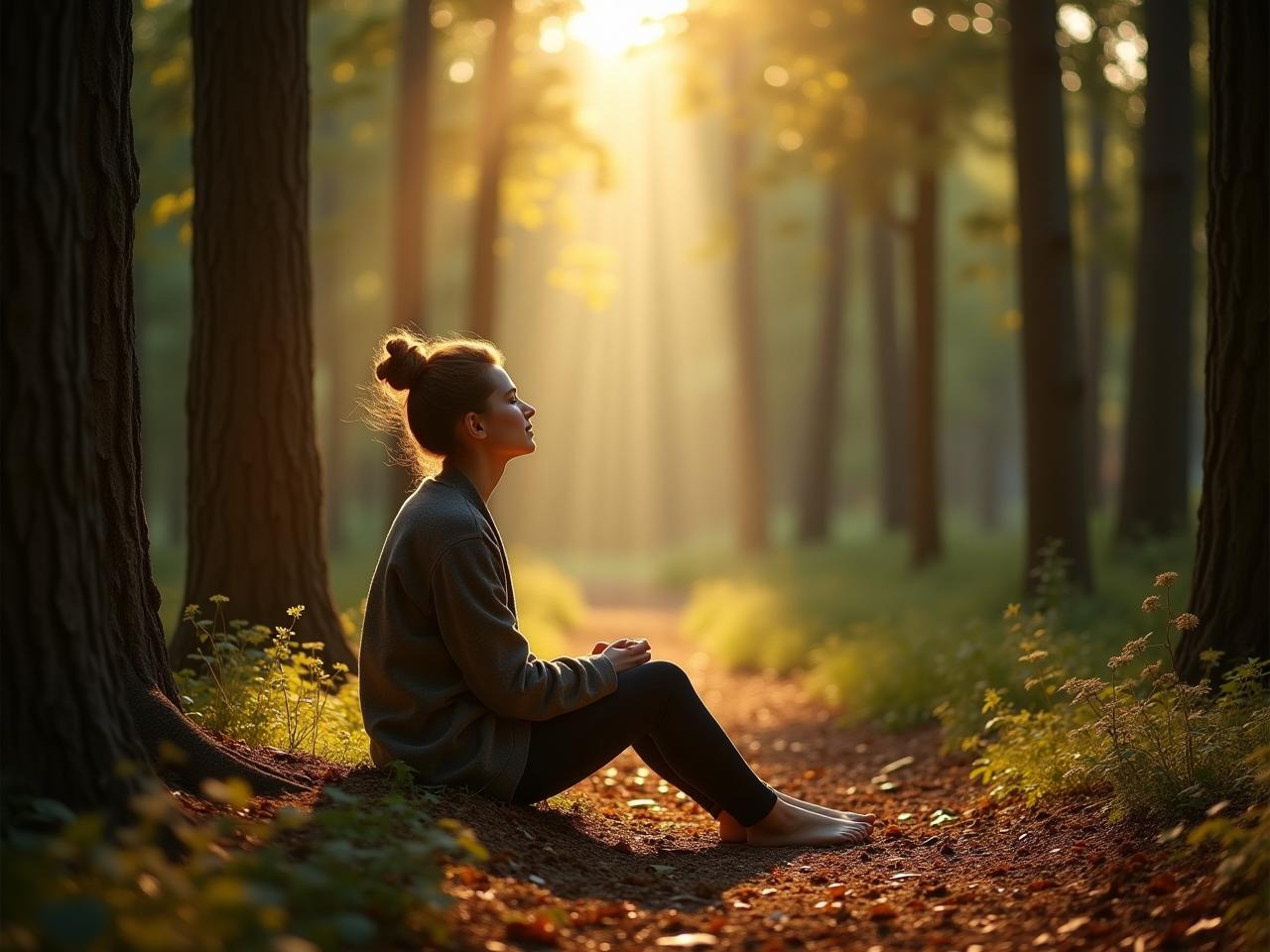 A person sitting peacefully in a forest, surrounded by trees and sunlight.