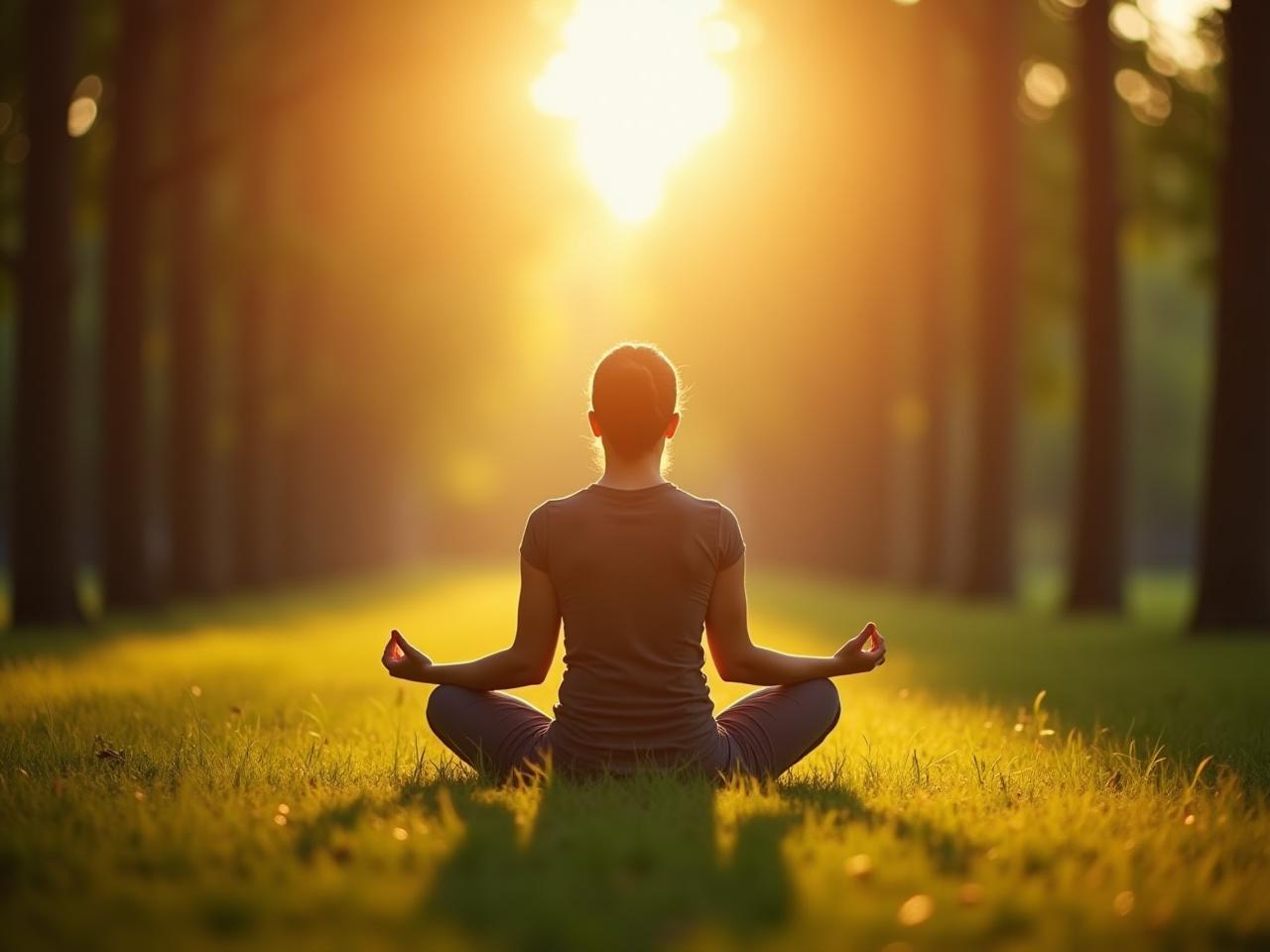 A person meditating in nature, surrounded by trees and sunlight, symbolizing calmness and stress relief.
