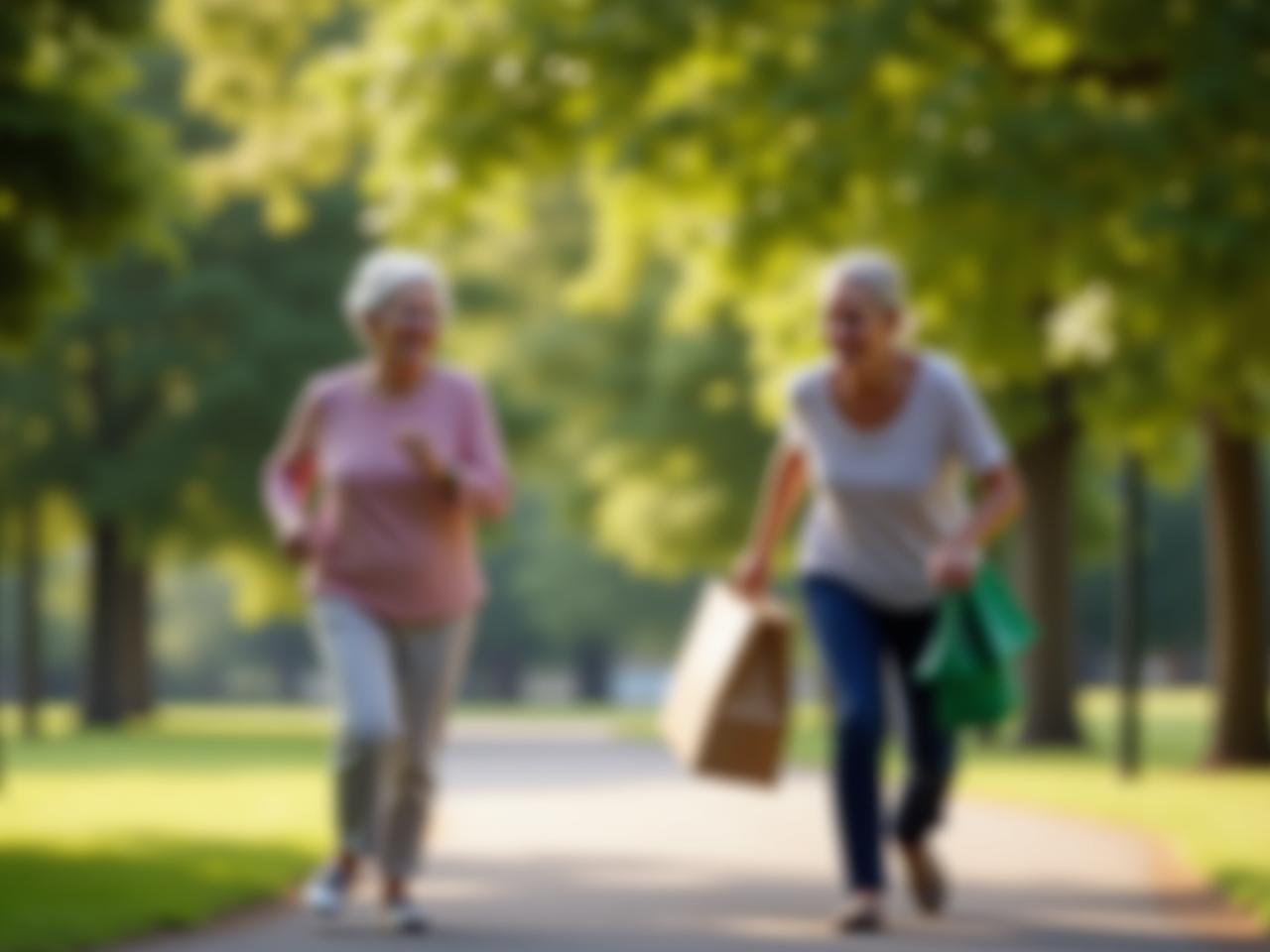 An elderly woman running in a park, smiling and looking energetic, contrasted with a younger person struggling to lift a grocery bag.