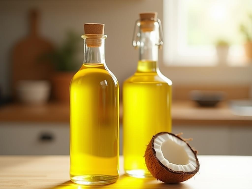 Two bottles of oil, coconut oil and olive oil, sitting on a kitchen counter. The scene is warm and inviting, with natural light.