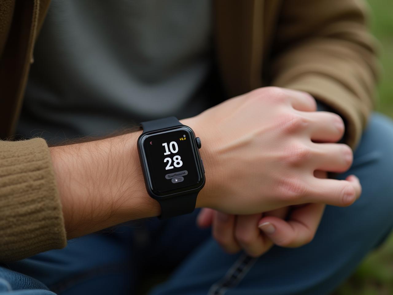 A person looking at their smartwatch, with a focus on the numbers and not the persons well-being.