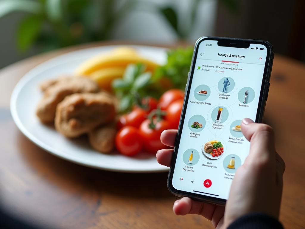 A plate of healthy food being analyzed by an AI app on a smartphone, showing biomarkers and personalized recommendations.