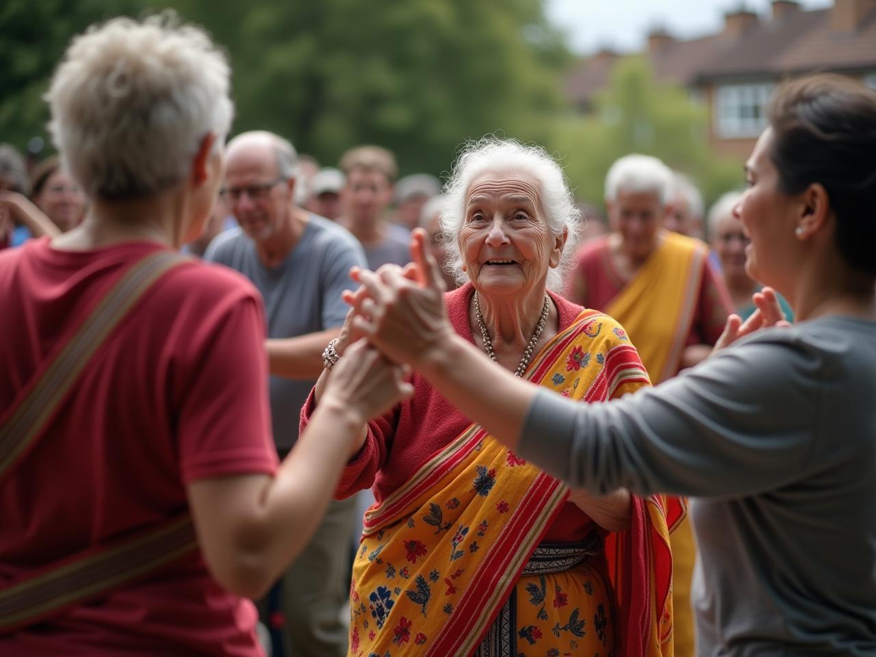 A group of elderly people from a traditional community are participating in a dance or physical activity outdoors. The image should convey a sense of vitality, community, and active aging.