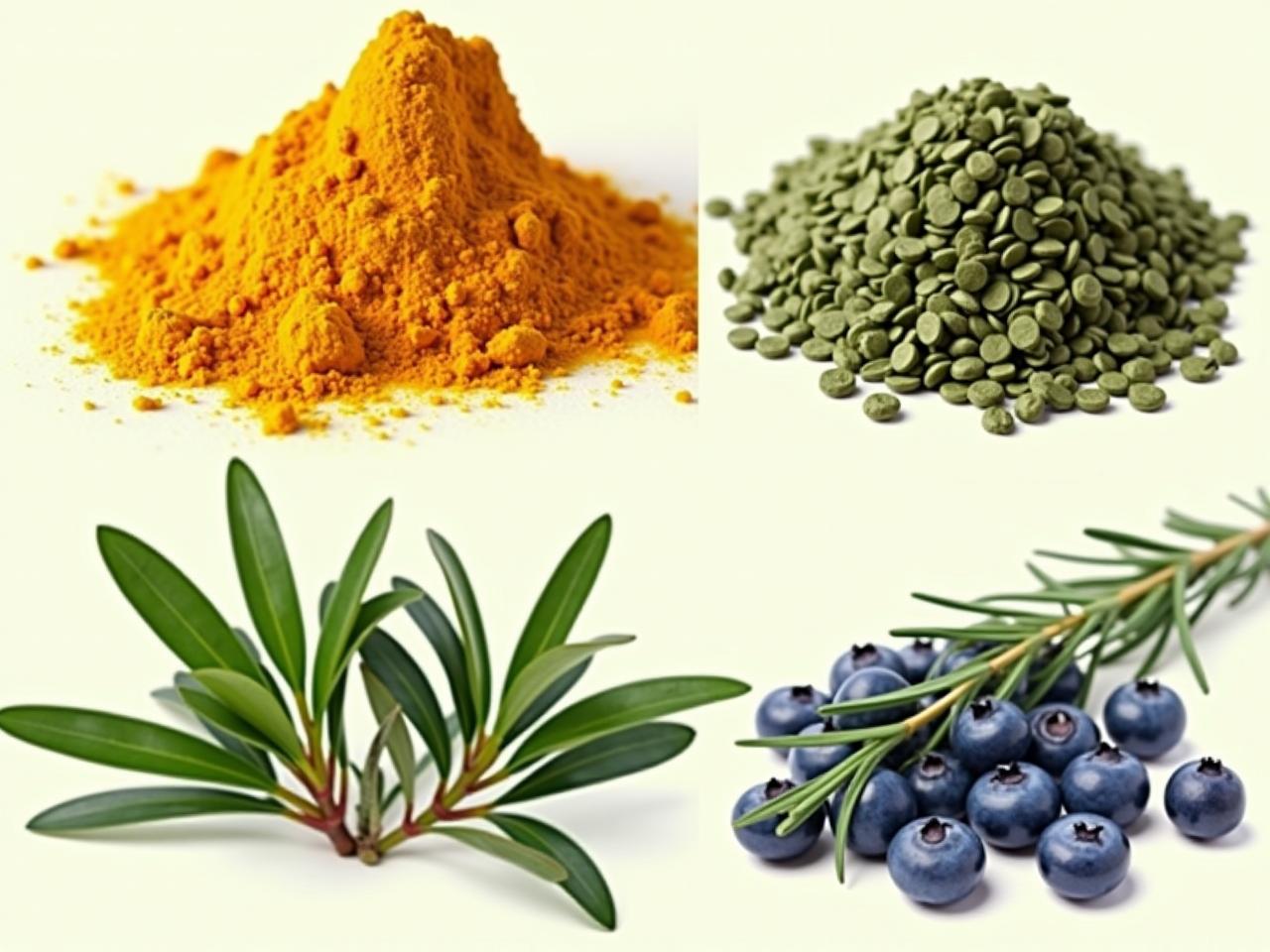 Collage of different plants mentioned in the article like turmeric, green tea leaves, blueberries, and rosemary.