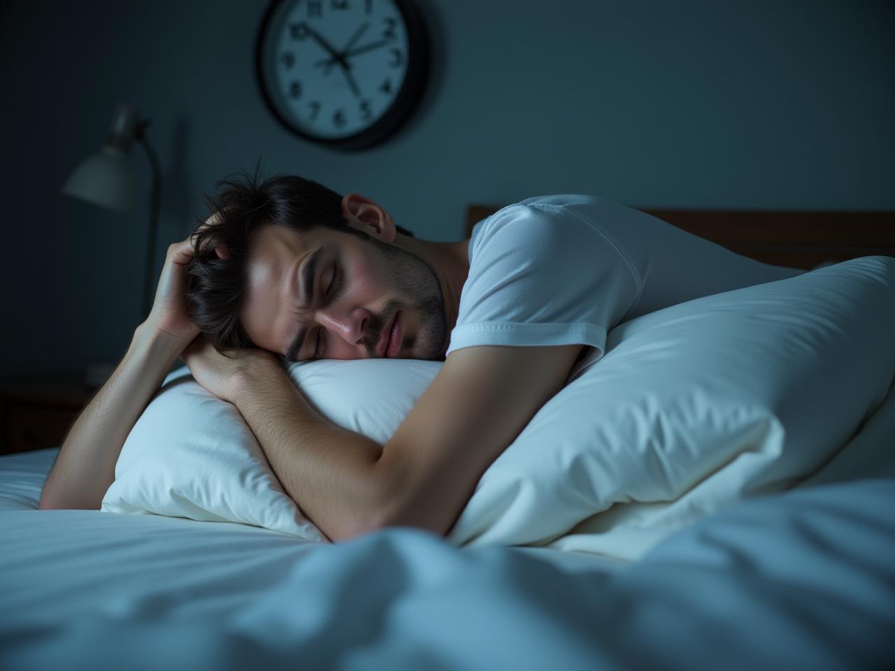 Person struggling to sleep in bed with clock in background.