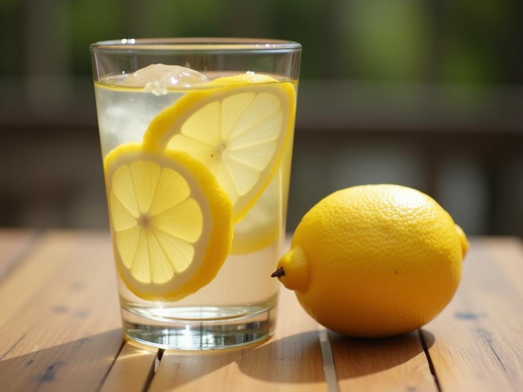 Glass of water with lemon slices next to a fresh lemon on a wooden table.