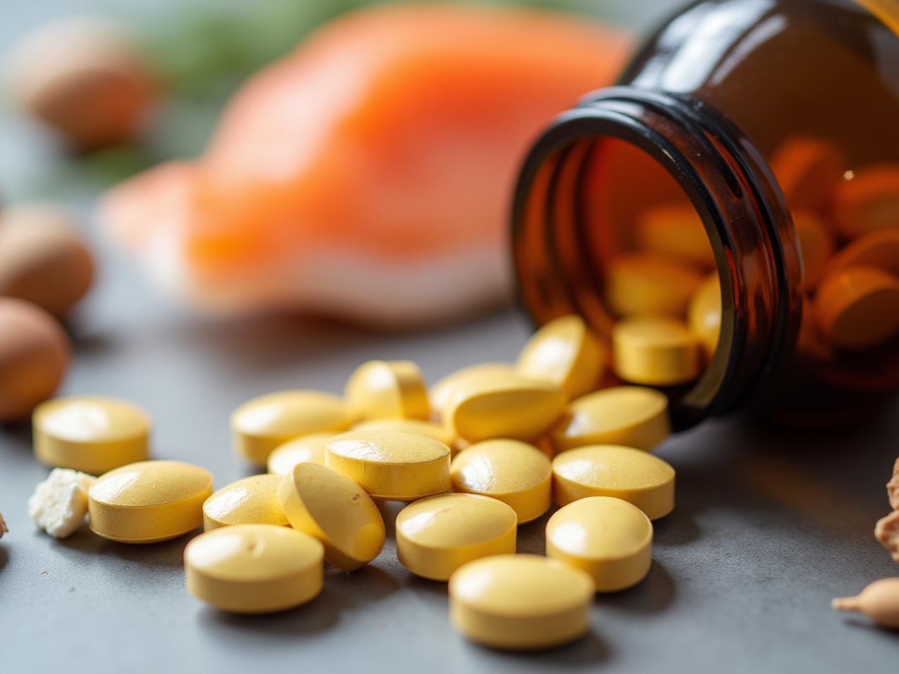 A close-up shot of selenium supplements, with a focus on the ingredient label, emphasizing the different forms of selenium like selenomethionine and selenite. The image also includes fresh foods rich in selenium, such as fish, eggs, and nuts, to illustrate natural sources.