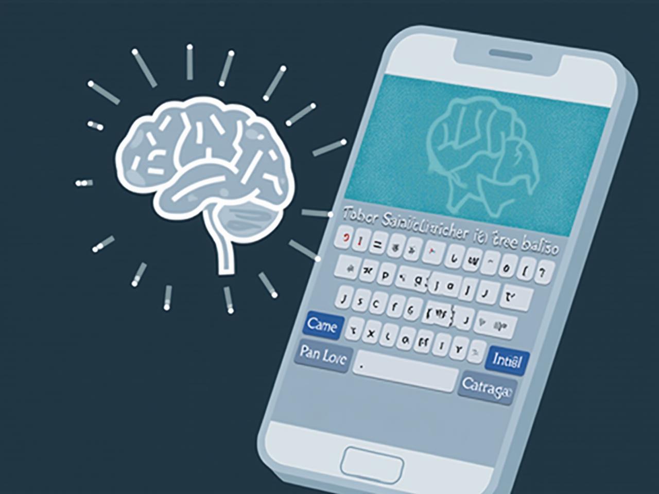 A smartphone displaying an app interface that analyzes typing patterns, with a brain graphic in the background.