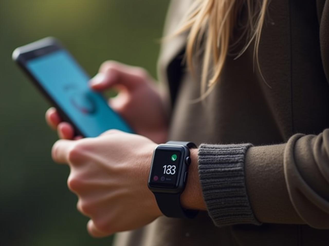 A person wearing a smartwatch and looking at data on their phone, focusing on health metrics.