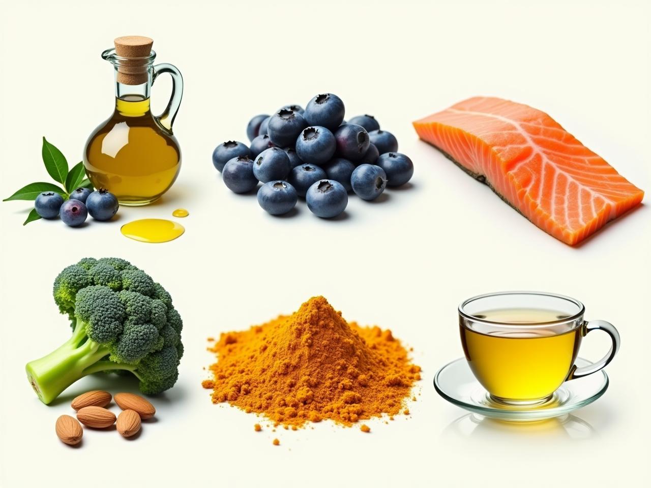 Collage of seven foods known for anti-aging properties: olive oil, blueberries, salmon, broccoli, almonds, turmeric, and green tea.
