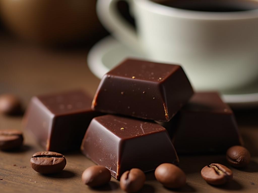 A close-up shot of dark chocolate pieces with cocoa beans and a cup of coffee in the background. The image conveys a sense of indulgence and healthy eating.