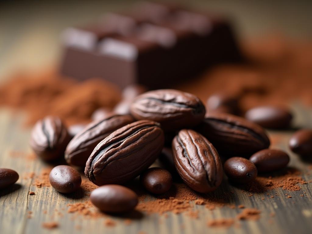 Close-up of raw cacao beans on a rustic wooden surface, with a dark chocolate bar and cacao powder in the background.