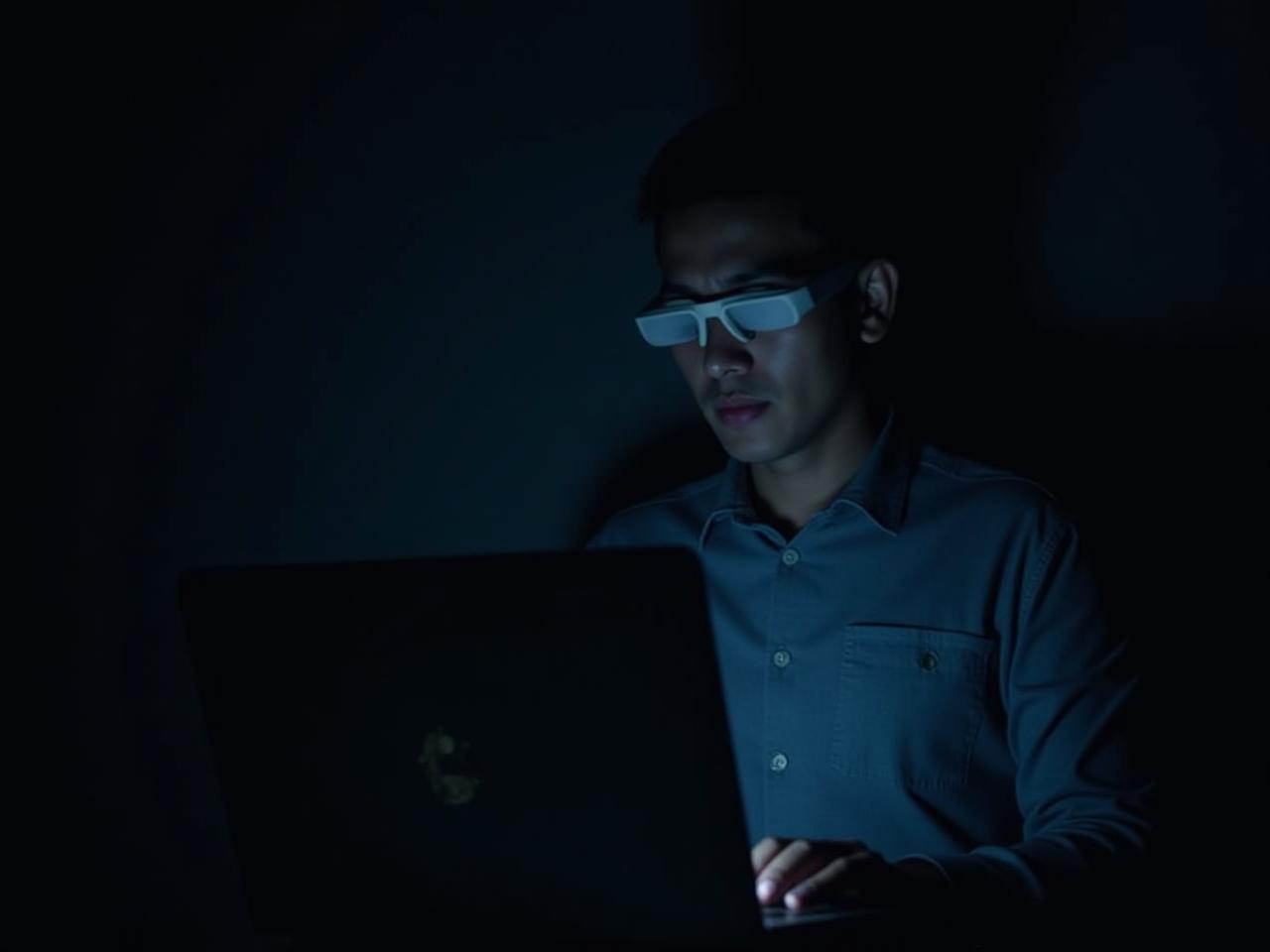 A person wearing blue light blocking glasses while looking at a laptop screen in a dimly lit room.