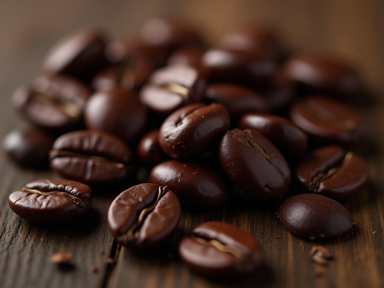 A close-up shot of raw cacao beans, some whole and some broken, with a dark, rich texture. The beans are scattered on a rustic wooden surface.  The image evokes a sense of natural, unprocessed goodness.