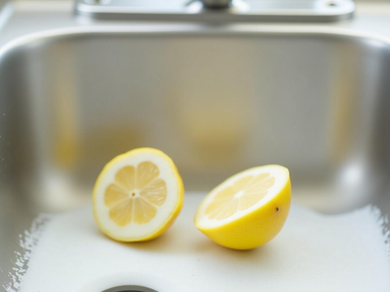 Close-up of a sparkling clean kitchen sink with a lemon half, representing natural cleaning tips and a tidy kitchen environment.