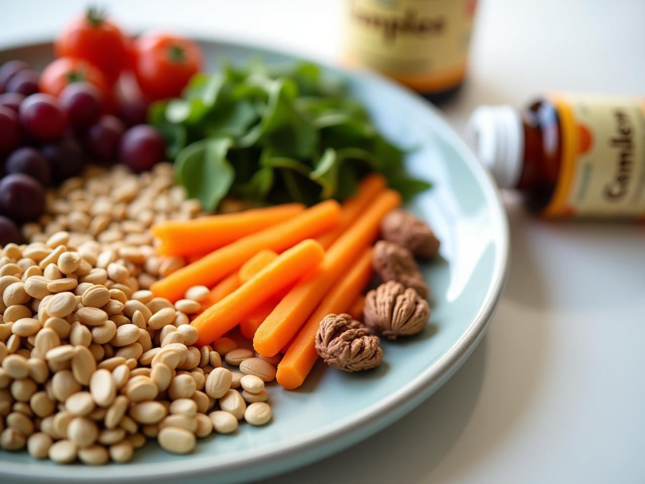 A colorful plate with foods rich in B vitamins, such as whole grains, leafy greens, nuts, and seeds, alongside a supplement bottle labeled B Complex.