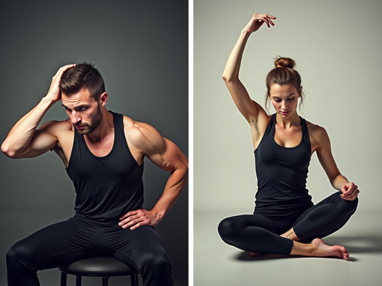 A person doing a heavy workout with a stressed expression, contrasted with a calm person doing gentle stretching.