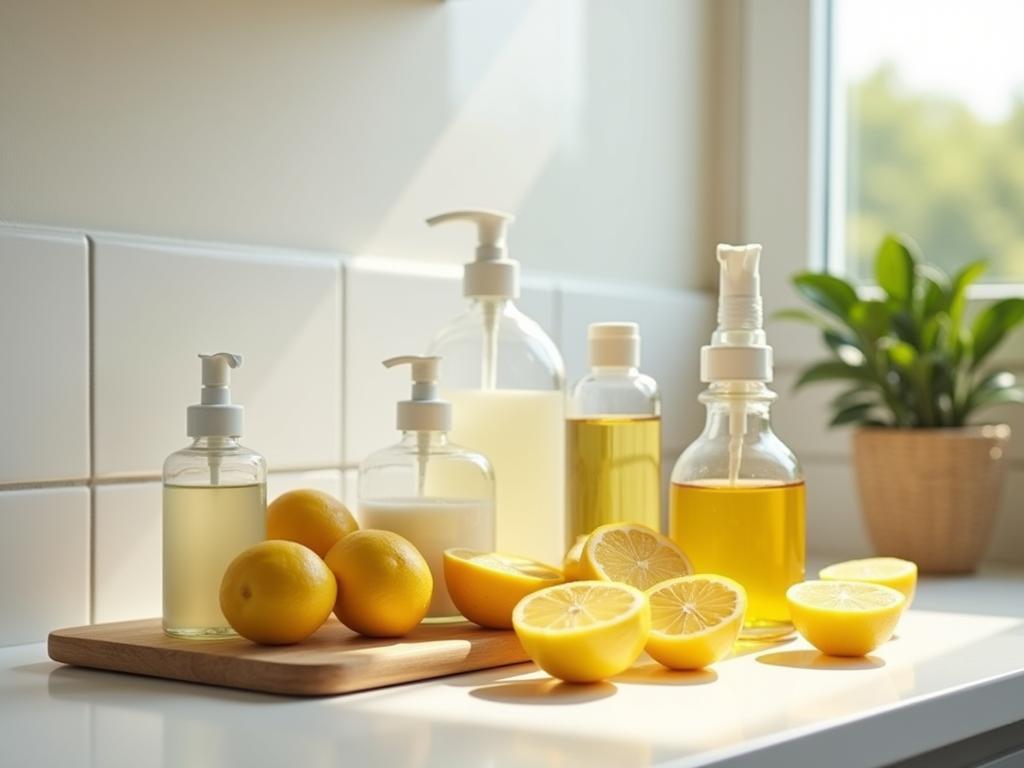 A kitchen counter with various natural cleaning ingredients like lemons, baking soda, vinegar, and olive oil, arranged in a visually appealing way.