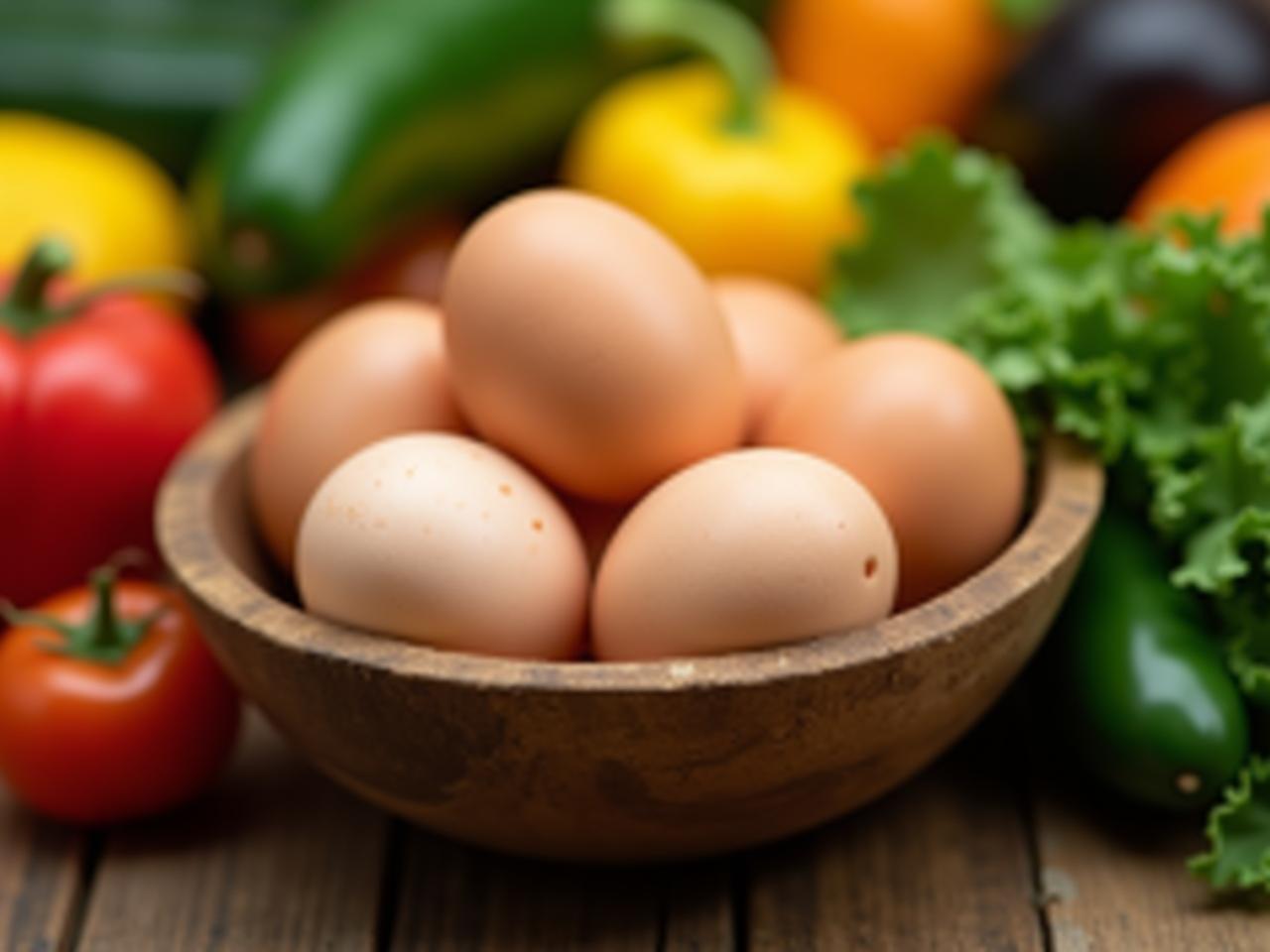 A close-up shot of fresh, organic eggs in a rustic wooden bowl, surrounded by colorful vegetables, symbolizing healthy eating and anti-aging benefits.