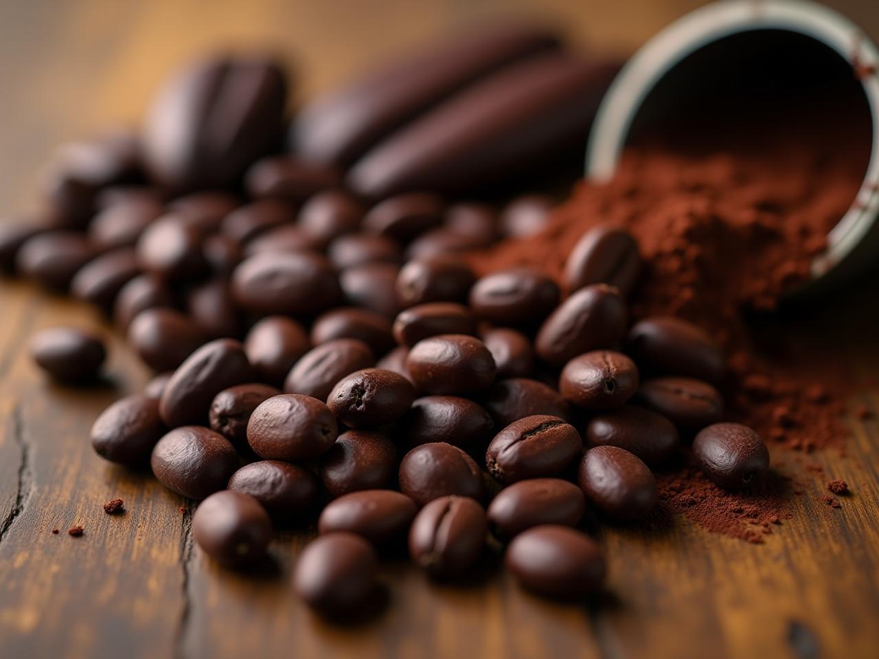 Raw cacao beans with a dark, rich color, scattered on a wooden surface, with a few cacao nibs and a cacao powder scoop nearby.