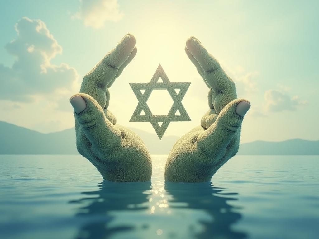 A calming image representing peace of mind and emotional wellbeing, with a Jewish symbol or landscape element integrated into the design.