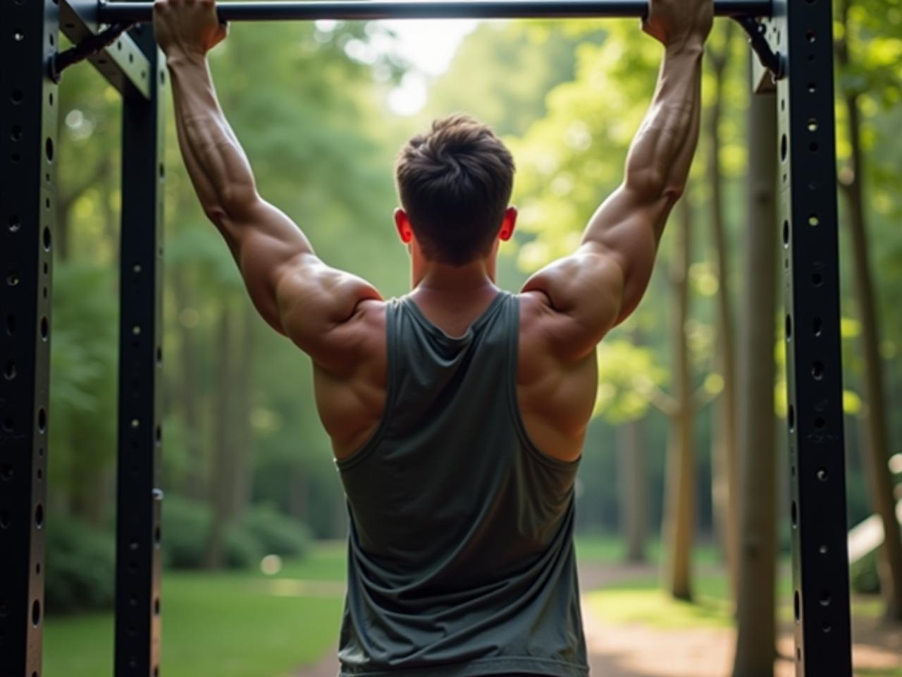 A person holding onto a pull-up bar, with a background showcasing a natural environment like a forest or a park, symbolizing strength and natural movement.