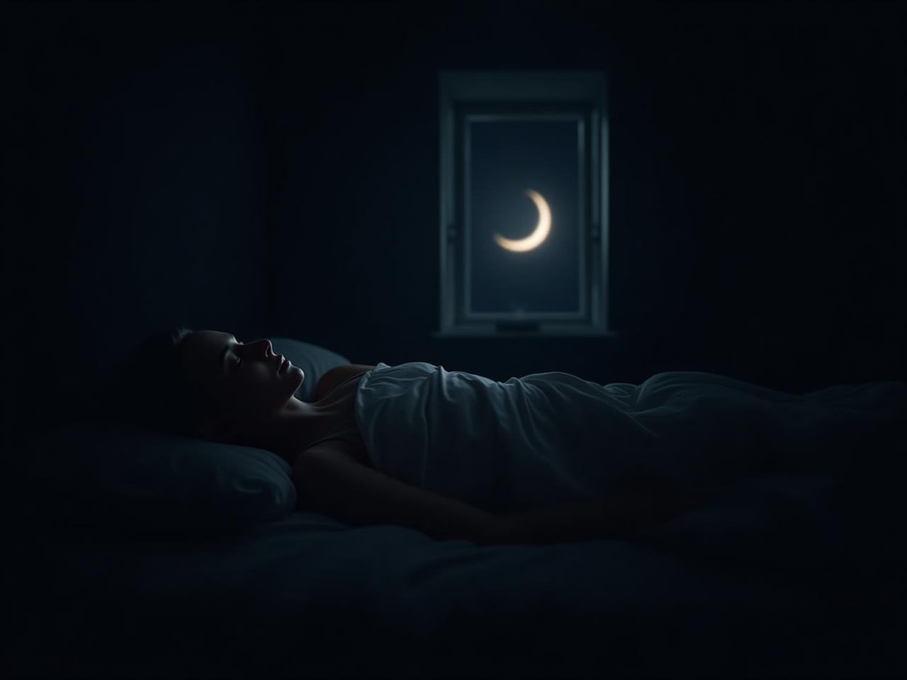 A person sleeping peacefully in a dark room with a faint moonlight shining through the window.