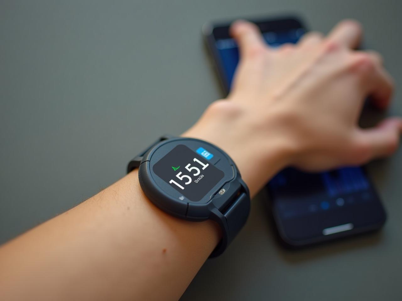 A close-up image of a continuous glucose monitor (CGM) sensor on a persons arm, with a smartphone displaying glucose levels in the background. The image conveys a sense of technology, health, and data analysis.