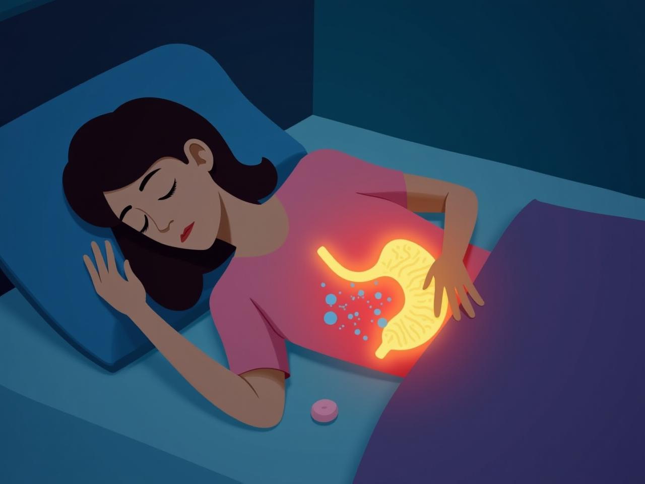 Illustration of a person sleeping peacefully with a glowing microbiome in their stomach.